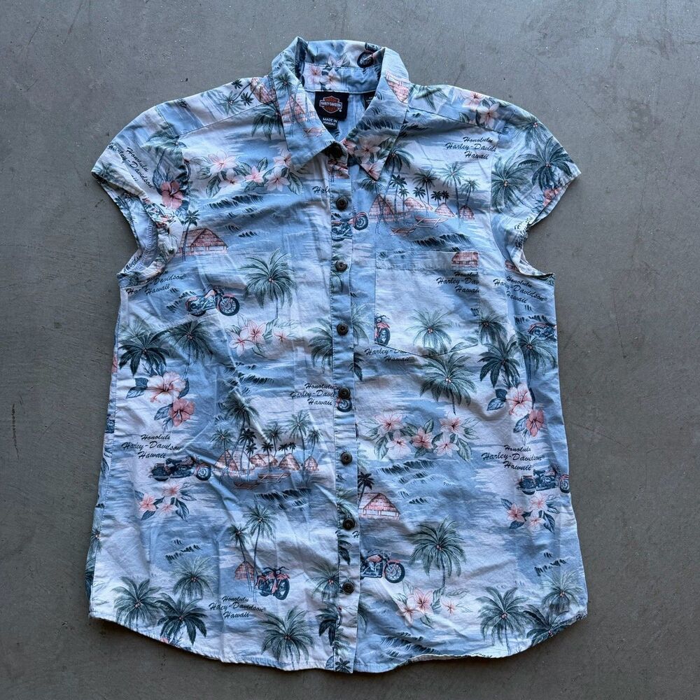 Harley Davidson Shirt Womens S Hawaiian Tiki Motorcycle Sleeveless Hawaii USA